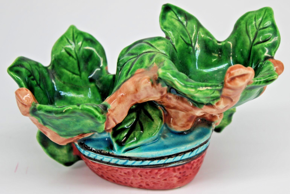 Vtg Green Leaves Blue Brown Salt Pepper Holder • Japen • 3" Tall • Ceramic